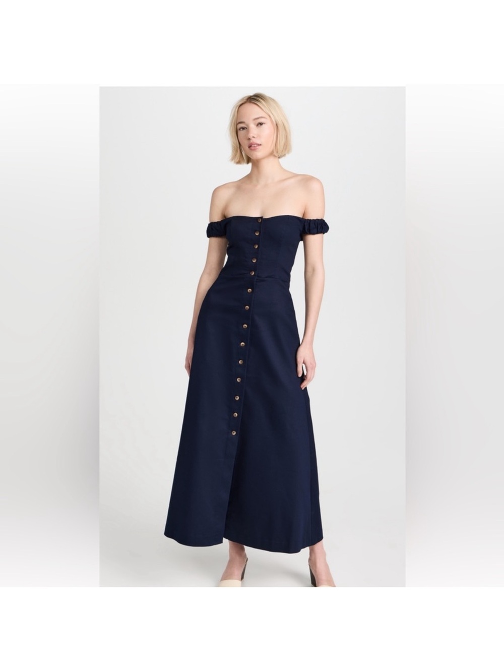 NWOT FAVORITE DAUGHTER Off The Shoulder Button-Front Navy Midi Dress